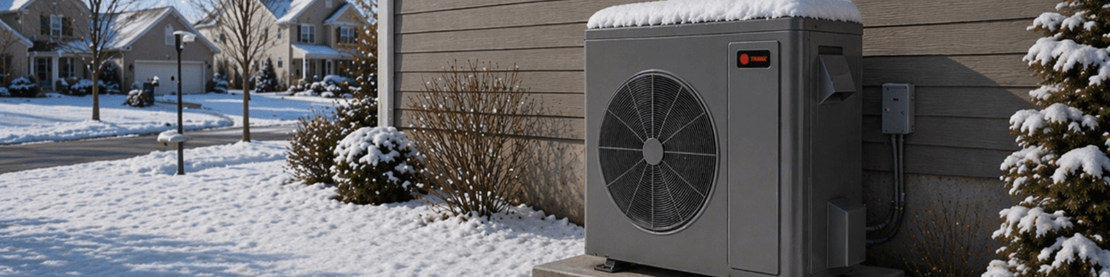 Trane’s New Cold Climate Heat Pump is shown outside of a home in the winter.