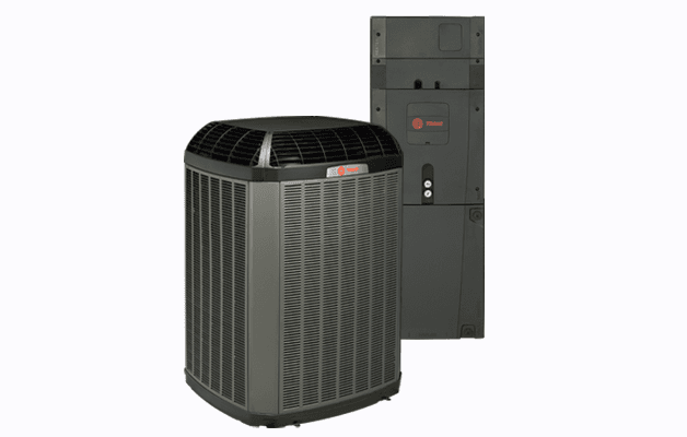 A Trane air conditioner and furnace are on display.